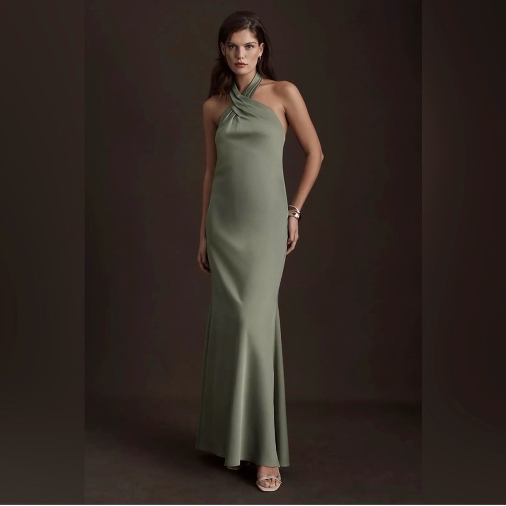 BHLDN Anthropologie Ruby NEW Twist Halter Satin Gown Size 8 Dress Moss Green